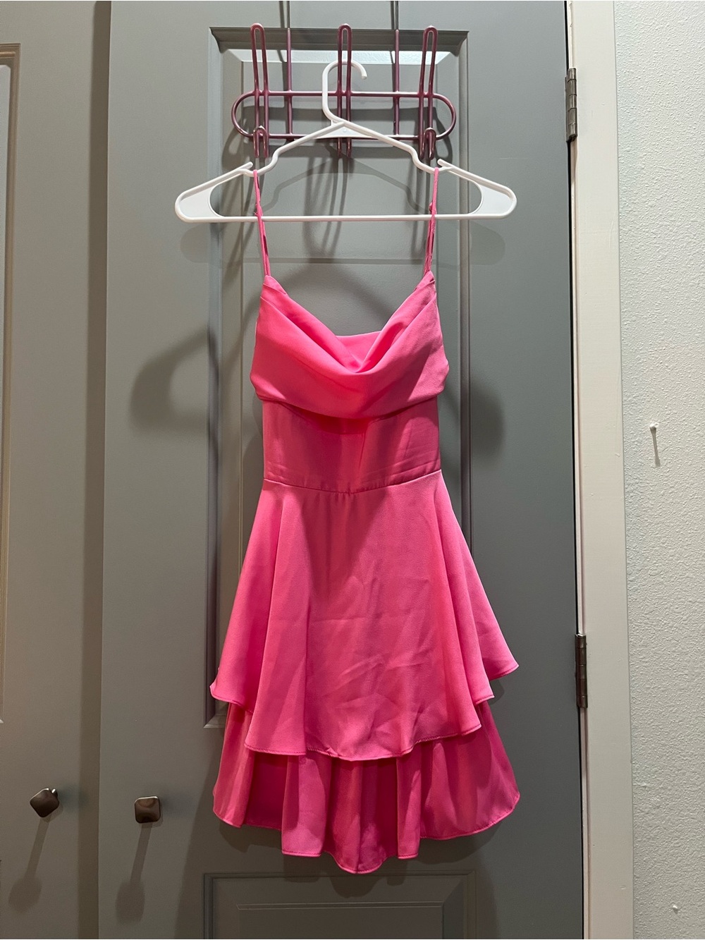 Bright Pink Cowl-Neck Mini Dress with Layered Skirt